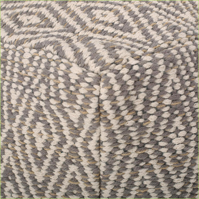 Pouf, Hand-Loomed Cotton with Diamond Pattern, Beige &amp; Mustard Yellow | 15x15x15", Beige