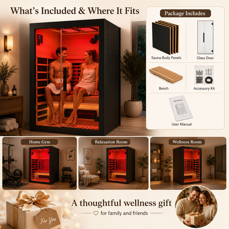 Sauna infrarouge lointain DUTHSS pour la maison, sauna sec d'intérieur pour 2 personnes avec chauffage 120V / 2100W, contrôle WiFi et LCD, 7 panneaux de carbone, 3 tubes de lumière rouge, 2 lampes infrarouges, audio Bluetooth, bandes lumineuses à DEL
