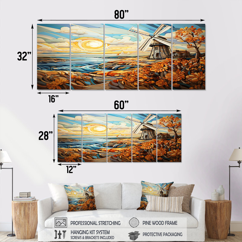 «Windmill Coastal Breeze - Wind Turbines», art mural 5 pièces, H 28 po x l 60 po
