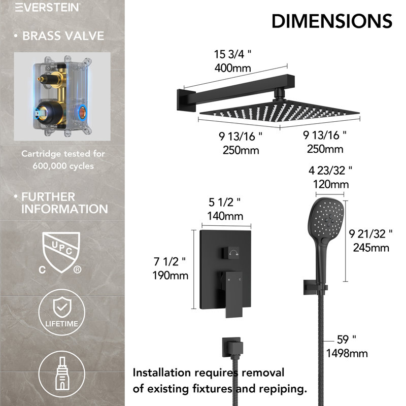 Dual-Function Shower Faucet System, 10" Rainfall Shower Head with 3 Spray Settings Handheld Shower, Matte Black, 2.5