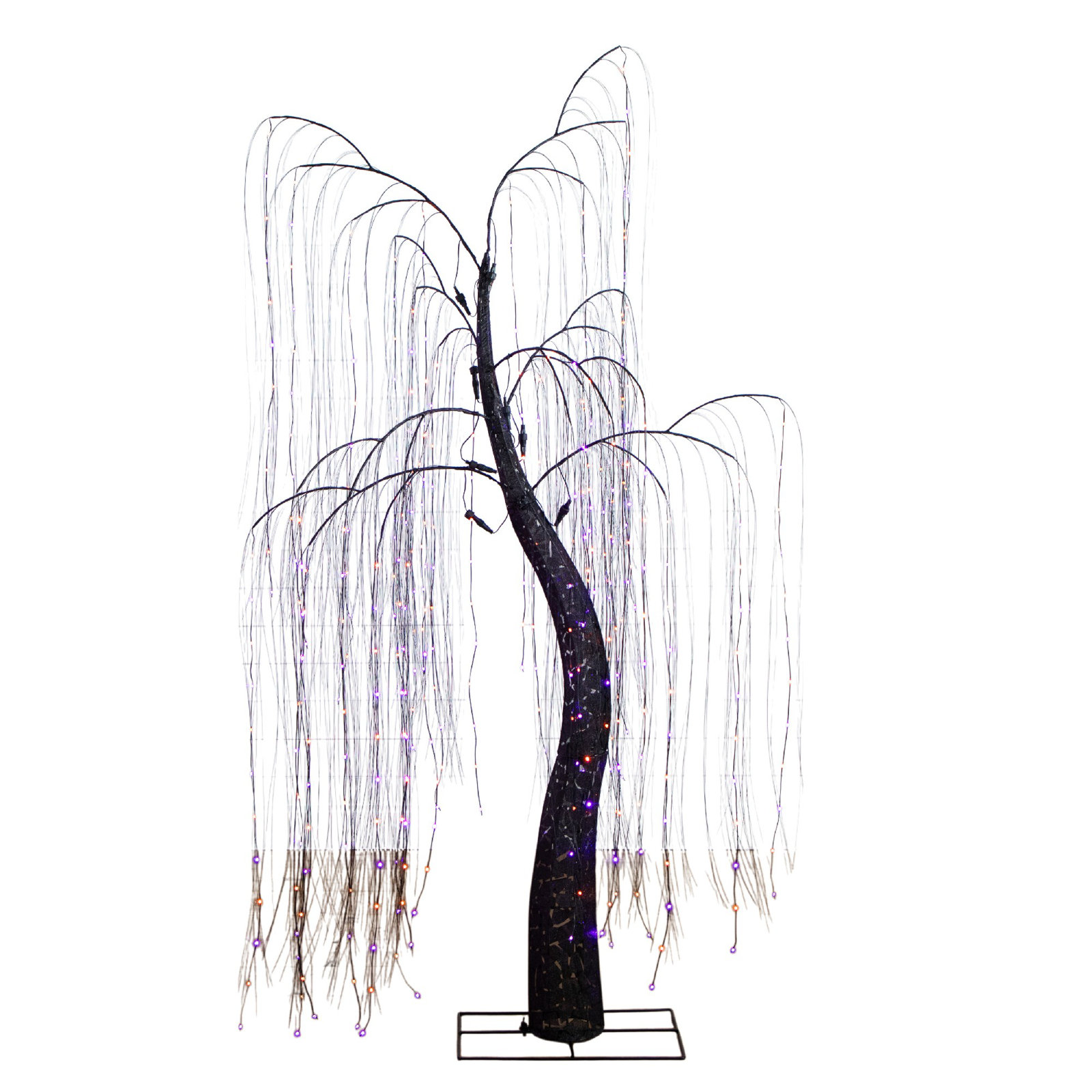 7Ft. Pre-Lit Artificial Halloween Black Willow Tree With 600 Purple And Orange Dual Color LED Lights, Black