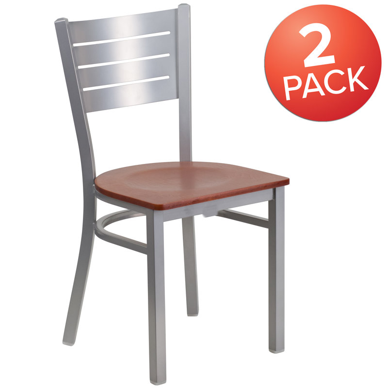 Alvera Silver Slat Back Metal Restaurant Chair with Wood Seat, Cherry