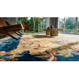 Antique Art Deco Chinese Floral Blue Navy, Ivory Beige Cream White 1930s Rug