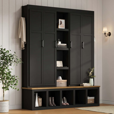 Arbre d'entrée 4 en 1 de 62,9 po de style campagnard avec 6 crochets de suspension, banc à grain en bois avec compartiments pour le vestibule, meuble à chaussures d'entrée avec banc de sièges pour le salon, couloir