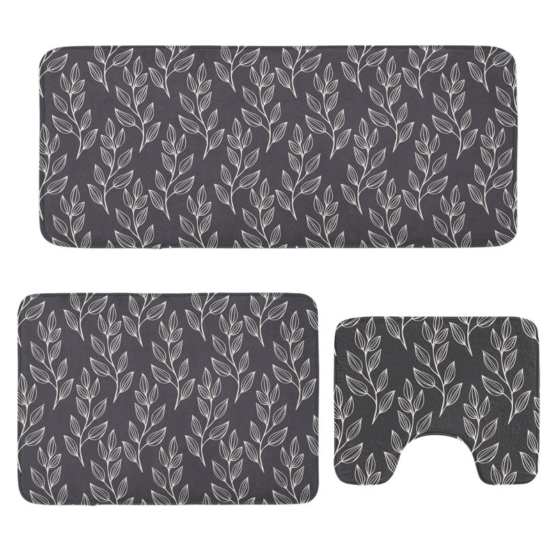  Ensemble de 3 tapis de salle de bain à motif de feuilles en U et de tapis rectangulaires bleu foncé et gris champagne