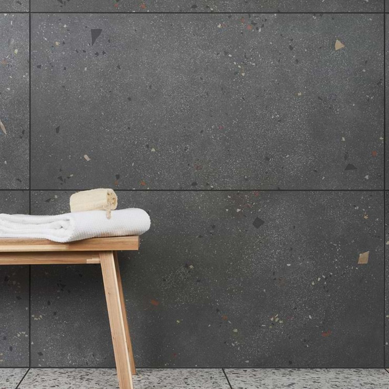 Kobe 24x48 Matte Terrazzo Look Porcelain Tile, Charcoal Gray