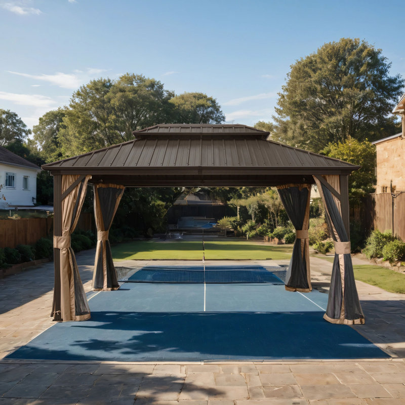 Aluminum Patio Hardtop Gazebo, Brown, 113.88" H x 144" W x 120" D