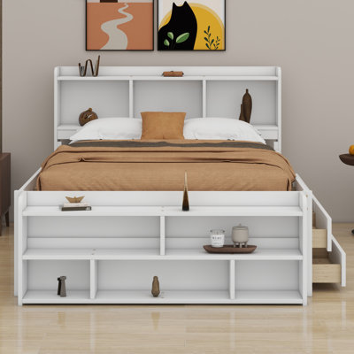 Lit avec tête de lit bibliothèque, tiroirs de rangement sous le lit et étui de rangement