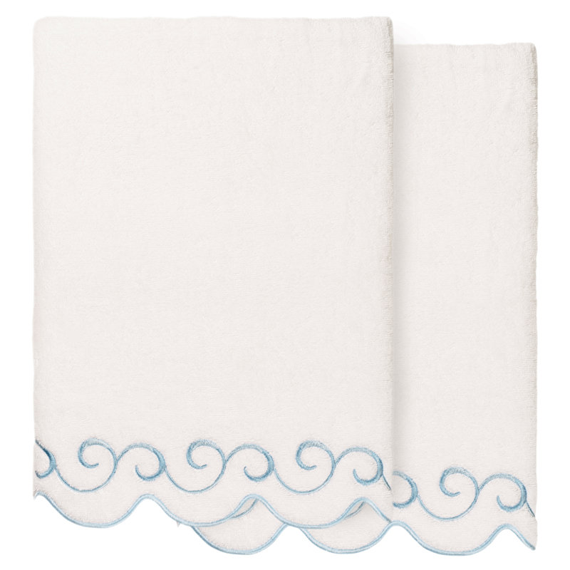  100% Turkish Cotton SIMPLICITY Scallop 2PC Embellished Bath Towel Set, Bath Towel - 2 Pack, White/Blue