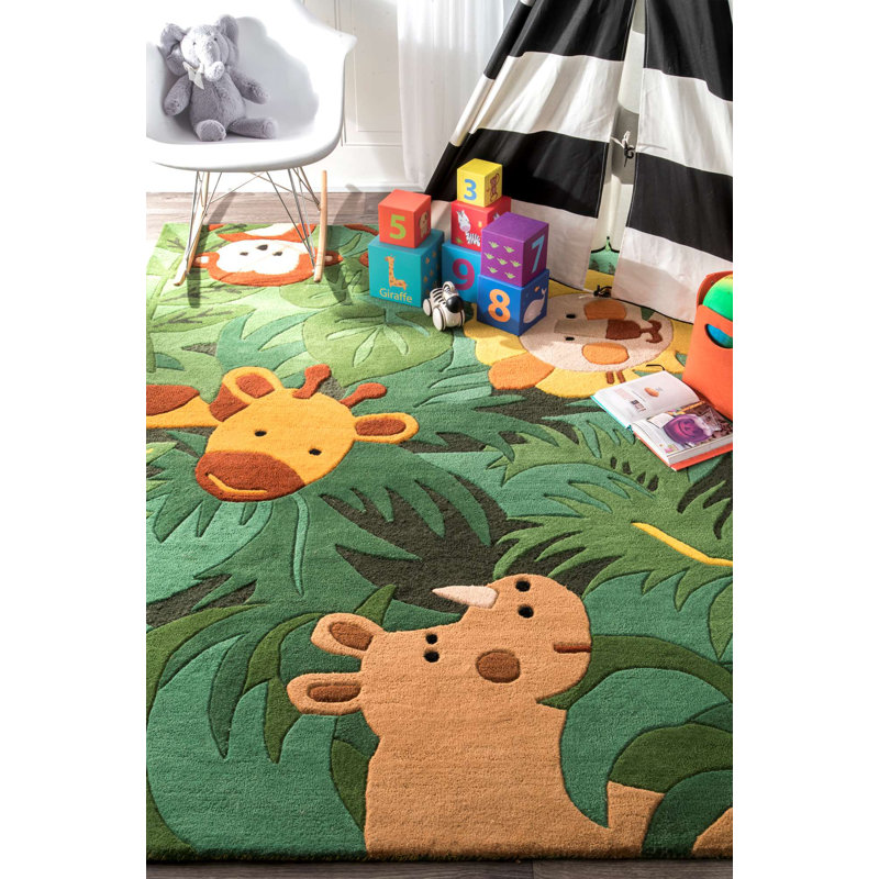 Tapis vert en laine Cradle Safari Friends, Rectangle 5 pi x 8 pi
