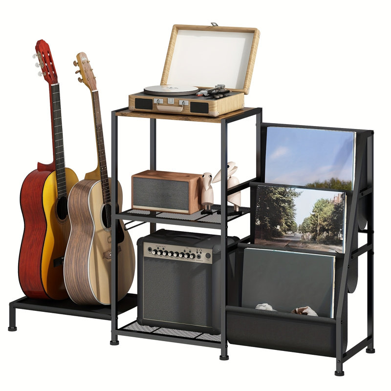Support multi-guitare avec amplificateur et rangement à trois niveaux pour disques vinyle - un organisateur de salle de musique en métal robuste avec une table de présentation.