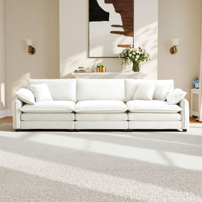 Mid-Century Modern 3-Seater Sectional Sofa With 2 Arm Pillows And 3 Throw Pillows, Beige Corduroy Fabric