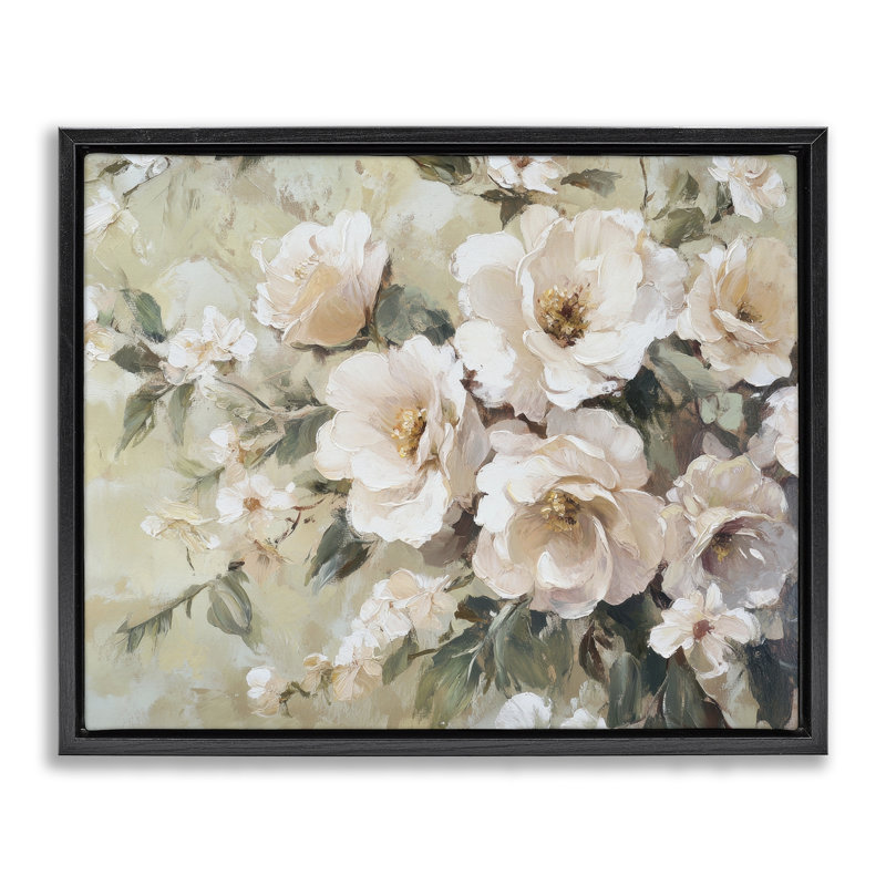  Art mural sur toile crème à fleurs dynamiques par Petal Prints Design, Cadre flottant noir de jais, H 17 po x l 21 po