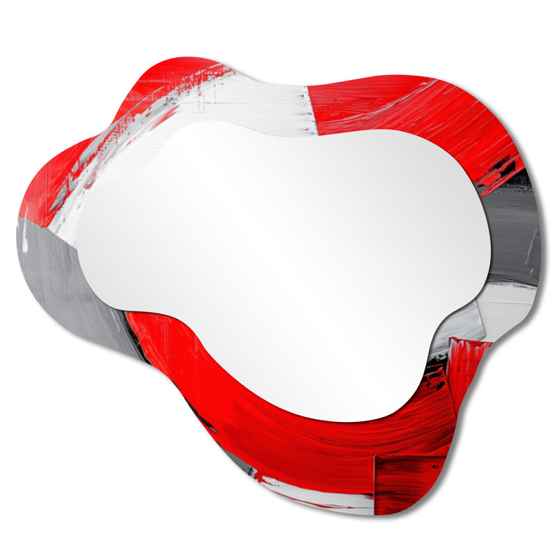 Grand miroir décoratif minimaliste irrégulier - énergie cinétique rouge et grise, impression métallique, 25 po x 28 po