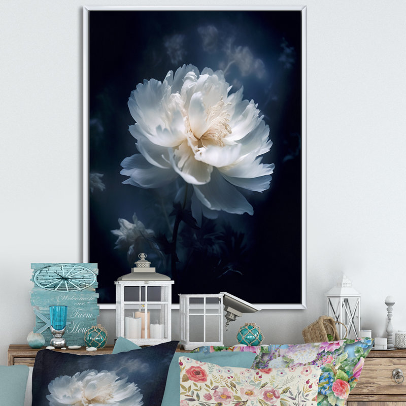 Pivoine blanche, bleu, sérénité - impression sur toile à motif floral, H 32 po x l 16 po x P 1 po, Cadre flottant blanc