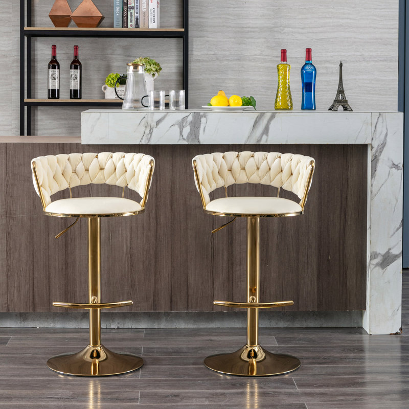 Ensemble de 2 tabourets de bar, avec repose-pieds chromé et base pivotante à hauteur réglable en velours + tabouret de bar simple Golden Leg