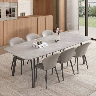 70.9'' Contemporary Dining Table Set, Faux Marble Dining Table for 6-8 People for Living Room, Scratch and Heat Resistant; Upholstered PU Leather Dining 6 Chairs with Ergonomic Backrest Design