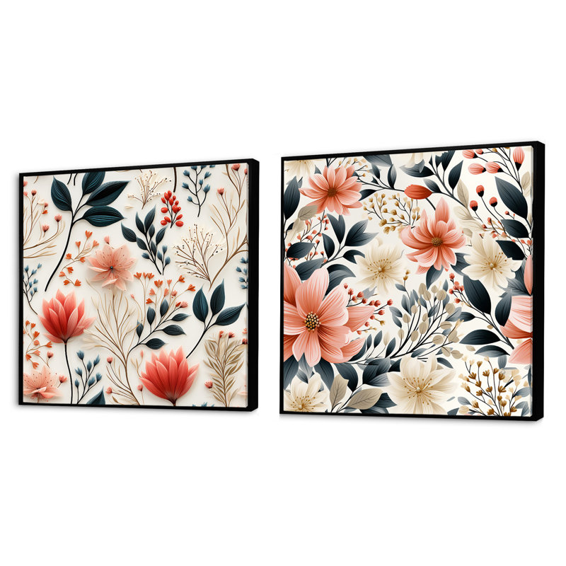 Neutre feuillage II - ensemble de 2 collages carrés floral et botanique, Cadre flottant noir, H 16 po x l 33 po
