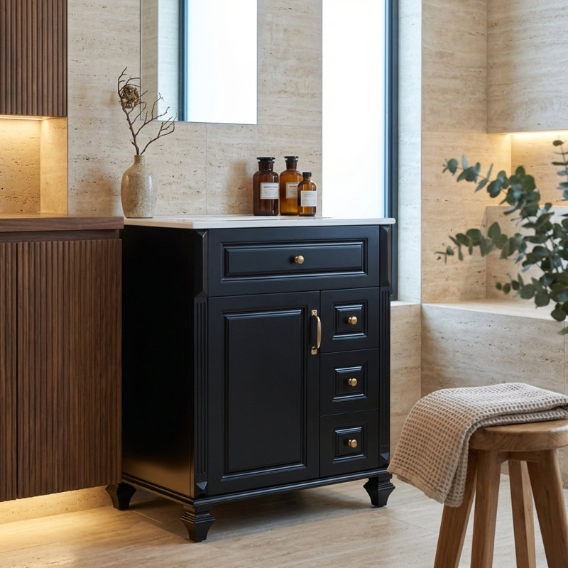 Meuble-lavabo compact autoportant avec lavabo en céramique et beaucoup de rangement, avec tiroir rabattable et tablettes réglables pour une organisation moderne de la salle de bain