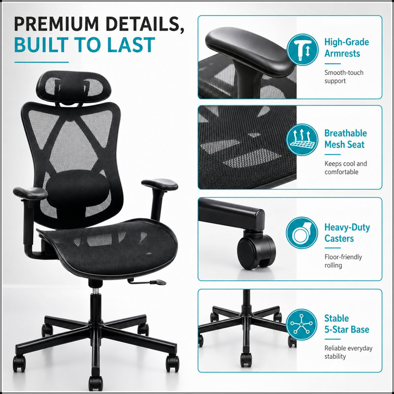 Chaise de bureau ergonomique avec dossier haut en maille, soutien lombaire réglable, appui-tête et accoudoirs pour une utilisation confortable à la maison ou en jeu.