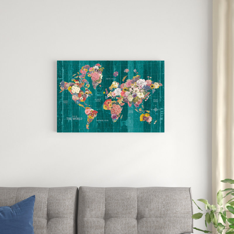 Carte botanique avec mots turquoise, H 30 po x l 20 po x P 1,25 po