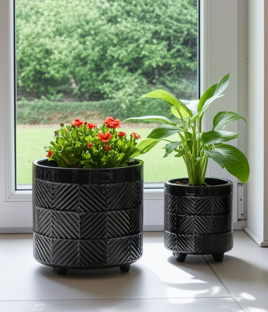 8" Ceramic Pot Planter, Abstract Black