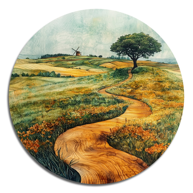 Windmills Into A Summer Field Landscape II - Windmills, art mural rond en métal pour le salon, H 29 po x l 29 po