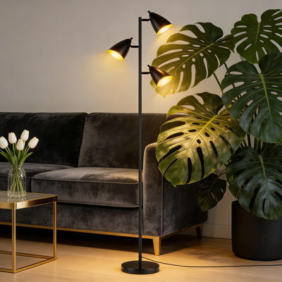Industrial Tree Floor Lamp With 3 Adjustable LED Lights, Dimmable Standing Lamp For Living Room, Bedroom, Or Office Reading