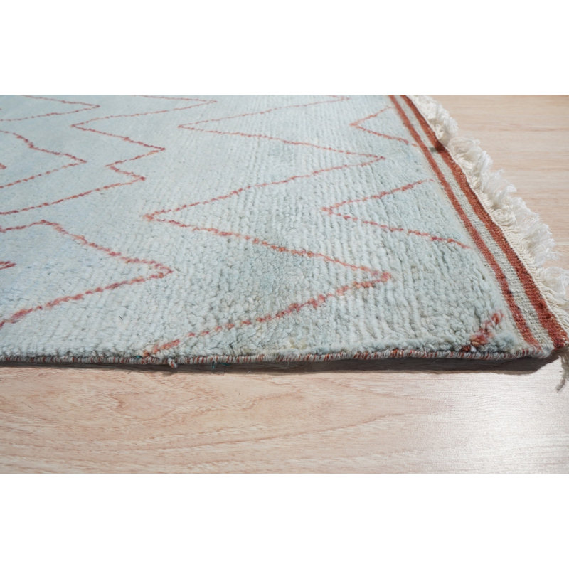 Blue Hand-Knotted Wool Open Zigzags Geometric Modern Contemporary Carpet Rug, 4' X 8'