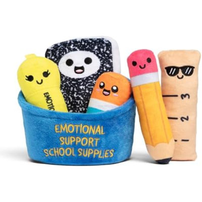 Fournitures scolaires de soutien affectif en peluche par Reliable - Mignons animaux en peluche et jouets spongieux, idées de cadeaux amusants pour tous les âges et votre professeur préféré - Comprend 5 peluches avec panier de transport