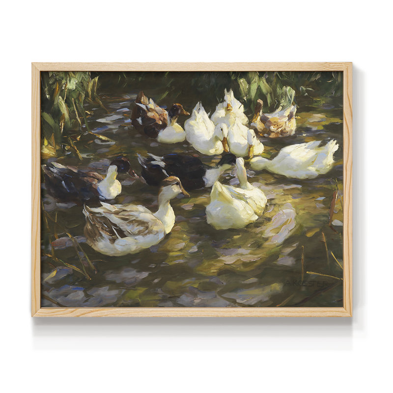 White Ducks in the Pond - Imprimé encadré - Restickable, Naturel, H 16 po x l 20 po