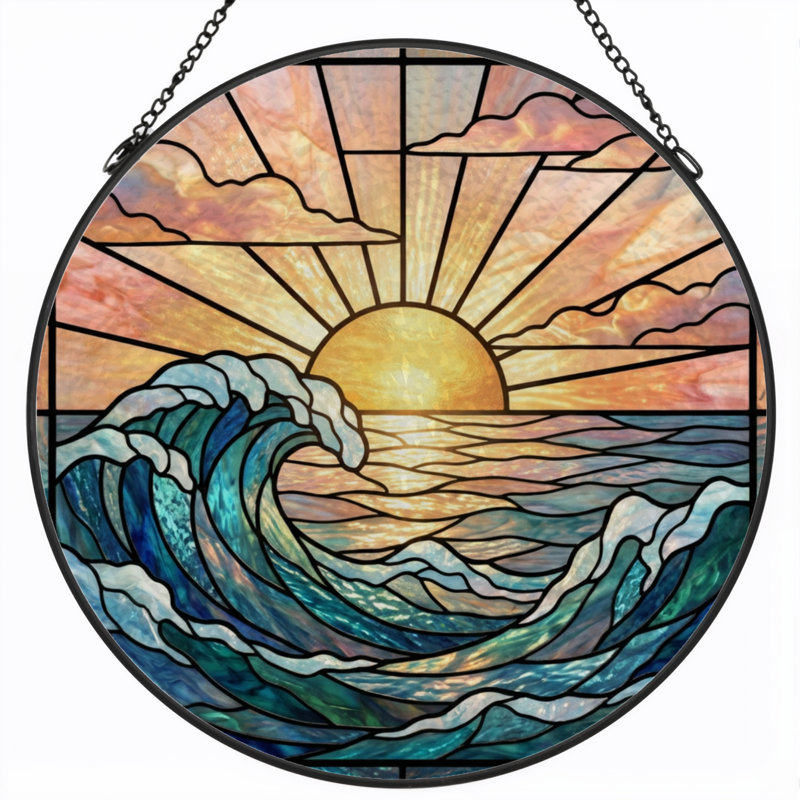 7.8"H Sunset Wave Stained Glass Window Panel