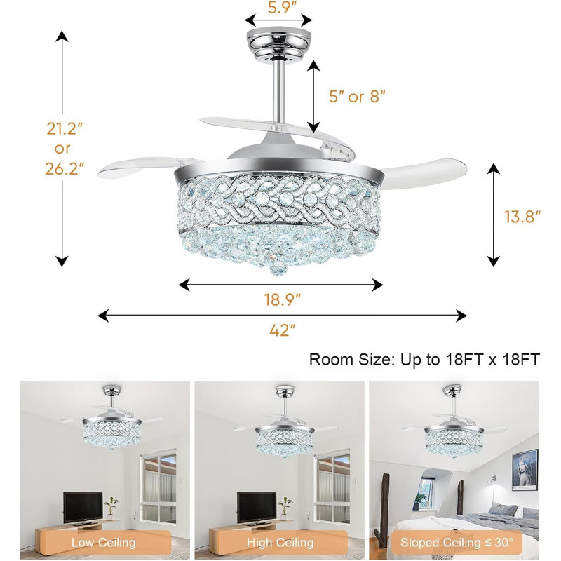 Ventilateur de plafond 42 po Fandelier Crystal, Argent argent