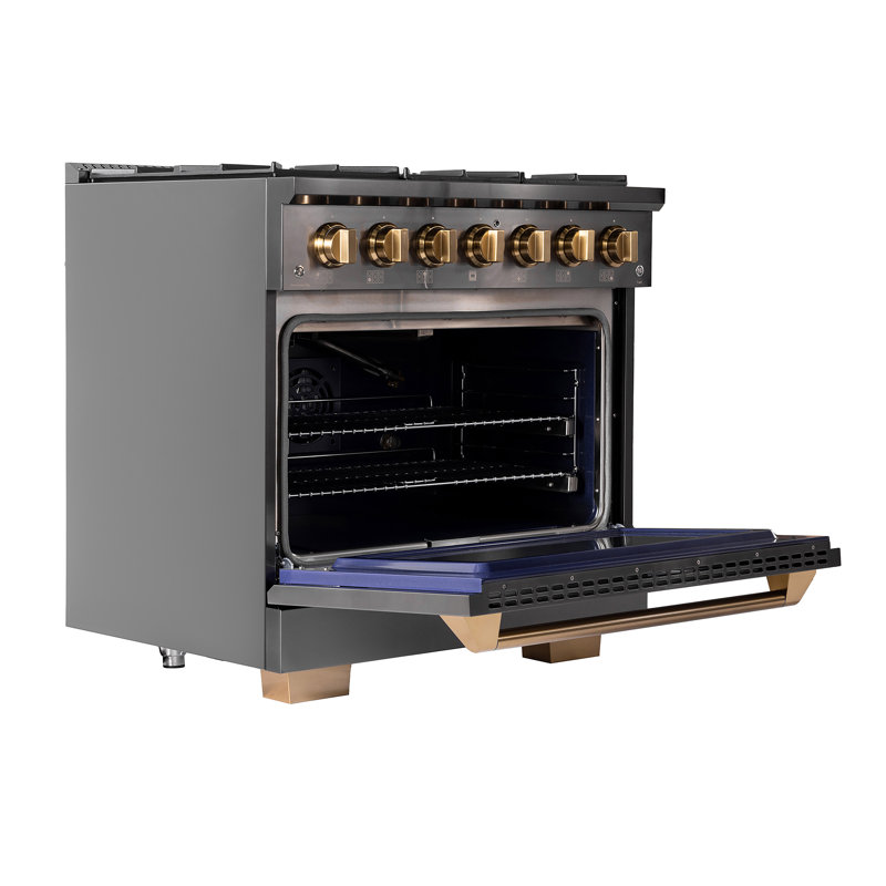 KUCHT 36 po 5,2 pieds cubes Cuisinière au gaz naturel à 6 brûleurs avec four à convection en pierres précieuses et hotte murale 