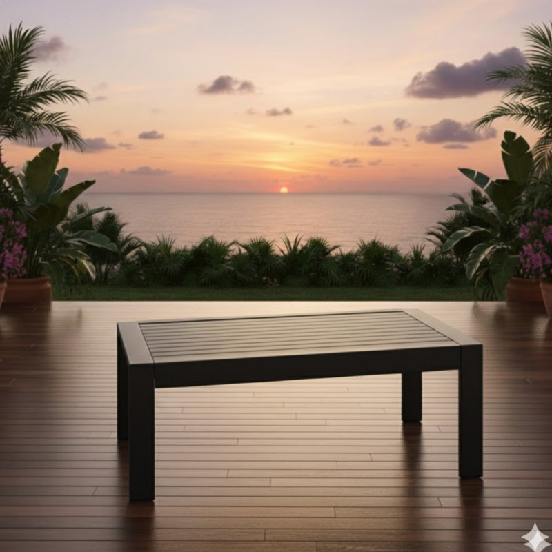 Table basse en métal résistant aux intempéries 43 x 24 po avec structure en bois noir rouille et plateau aspect bois, couleurs neutres. Structure en bois noir imperméable de 43 po x 24 po, idéale pour la décoration de jardin.