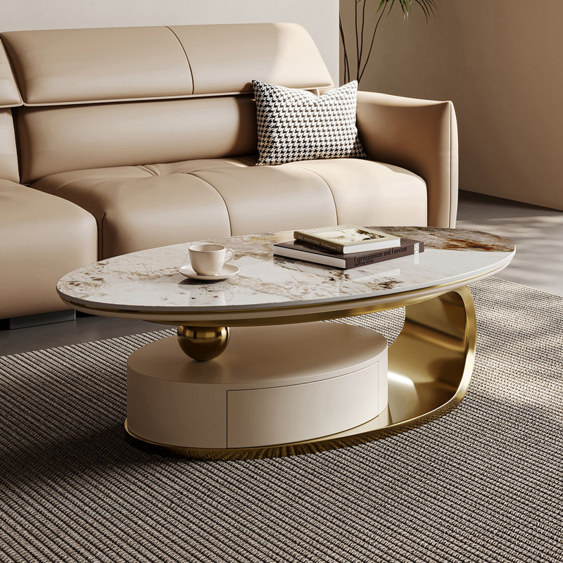 51.2-Inch Oval Faux Marble Coffee Table with Drawers