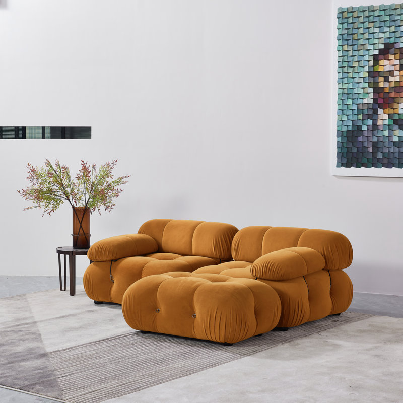 Upholstered L-Shaped Sectional Reversible, Yellow Velvet