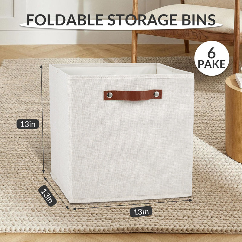 Ensemble de 6 bacs de rangement pliables en lin kaki 13 po x 13 po x 13 po avec poignées en cuir, cubes de placard pliables, planches de rangement renforcées
