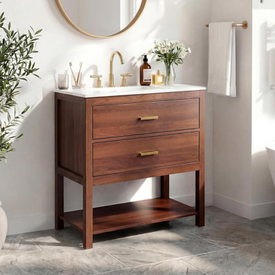 30" Modern Bathroom Vanity with Ceramic Sink & U-Shaped Drawers, Waterproof Wood Cabinet, Open Shelf for Small Bathroom, Walnut