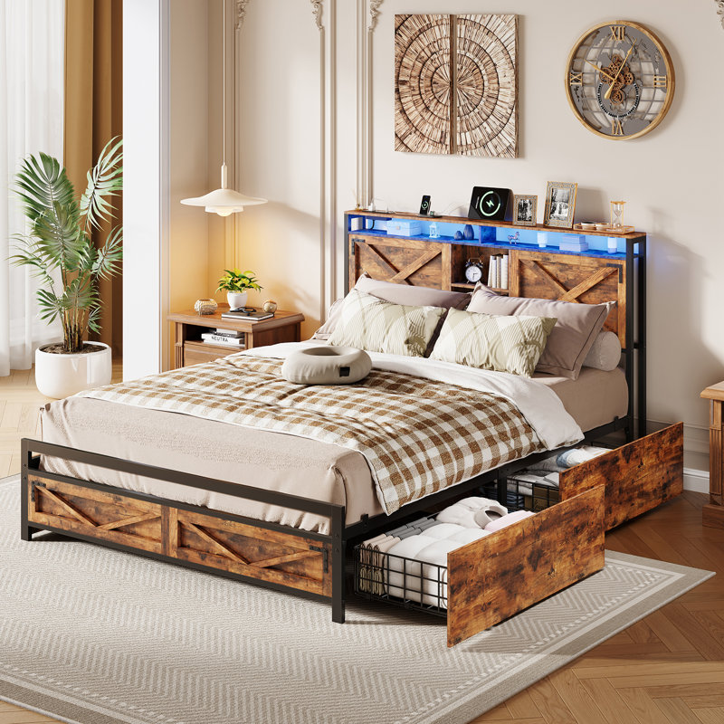 Nottaway Queen Bed Frame with Charging Station, LED Lights and Rolling Storage Drawers, Metal Frame Platform, Farmhouse Style, No Box Springs Needed