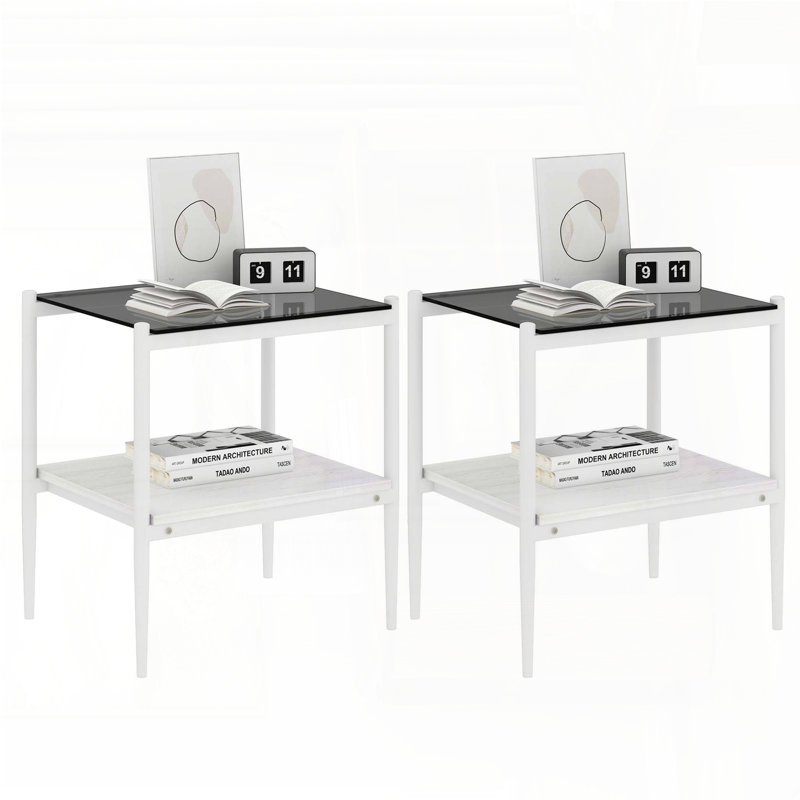 Ensemble de 2 tables de bout rectangulaires - plateau en verre trempé gris avec couche de panneau de fibres à densité moyenne