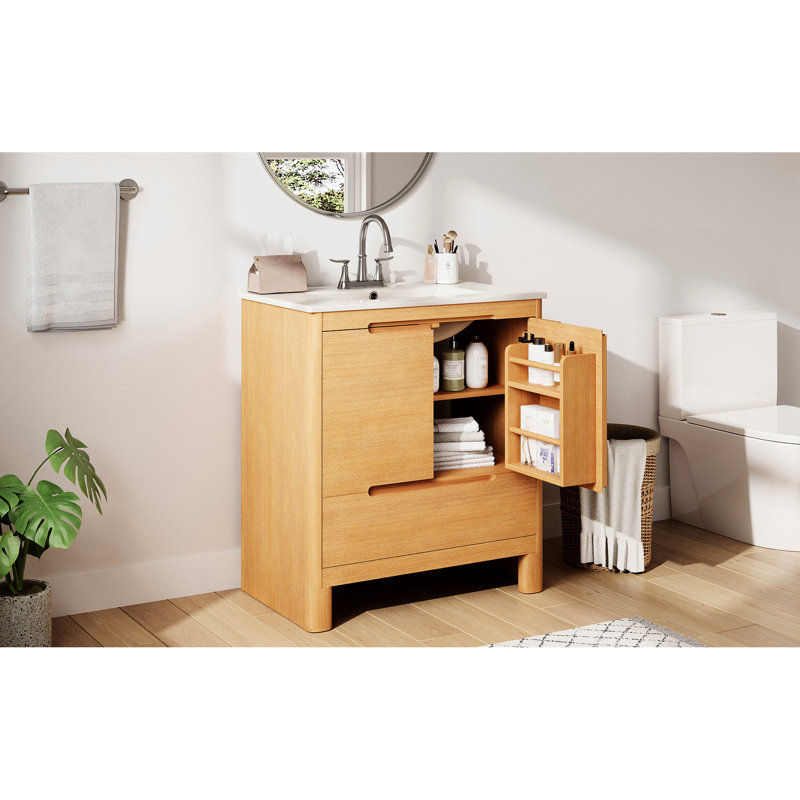 Meuble-lavabo moderne adouci de 30 po avec lavabo en bois de pin et en céramique, dossier ouvert, tiroir inférieur spacieux, portes à fermeture en douceur avec style, grain naturel, tablette réglable,