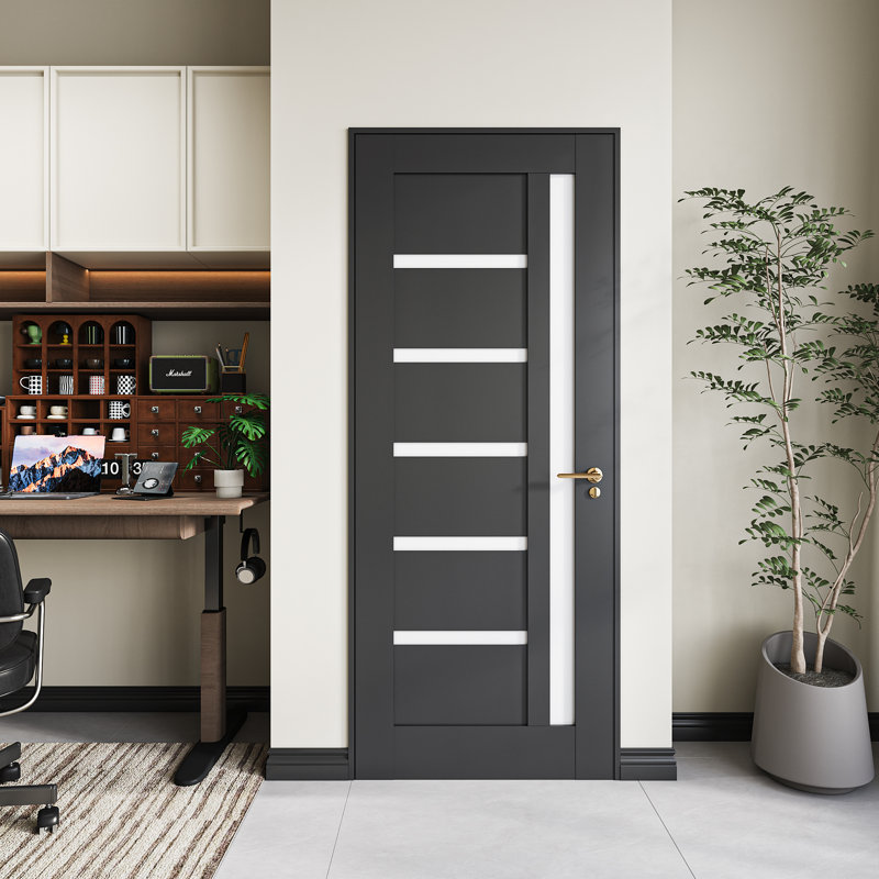 Porte intérieure prémontée à 5 panneaux en MDF à âme pleine, revêtement PVC noir 30 po x 80 po, avec cadre à montage rapide