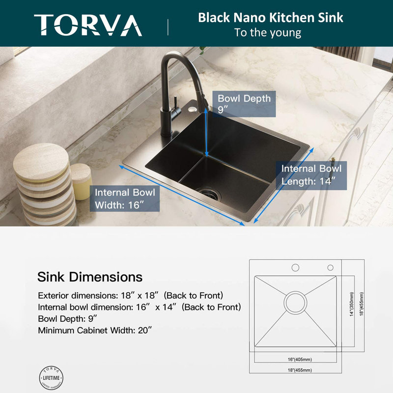18'' L Drop-In Single Bowl Stainless Steel Kitchen Sink, Black 