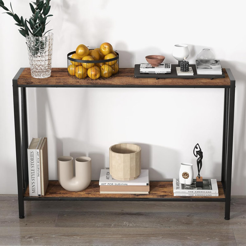 120x25x76cm Industrial Console Table with Shelf, Narrow Sofa Table, Brown