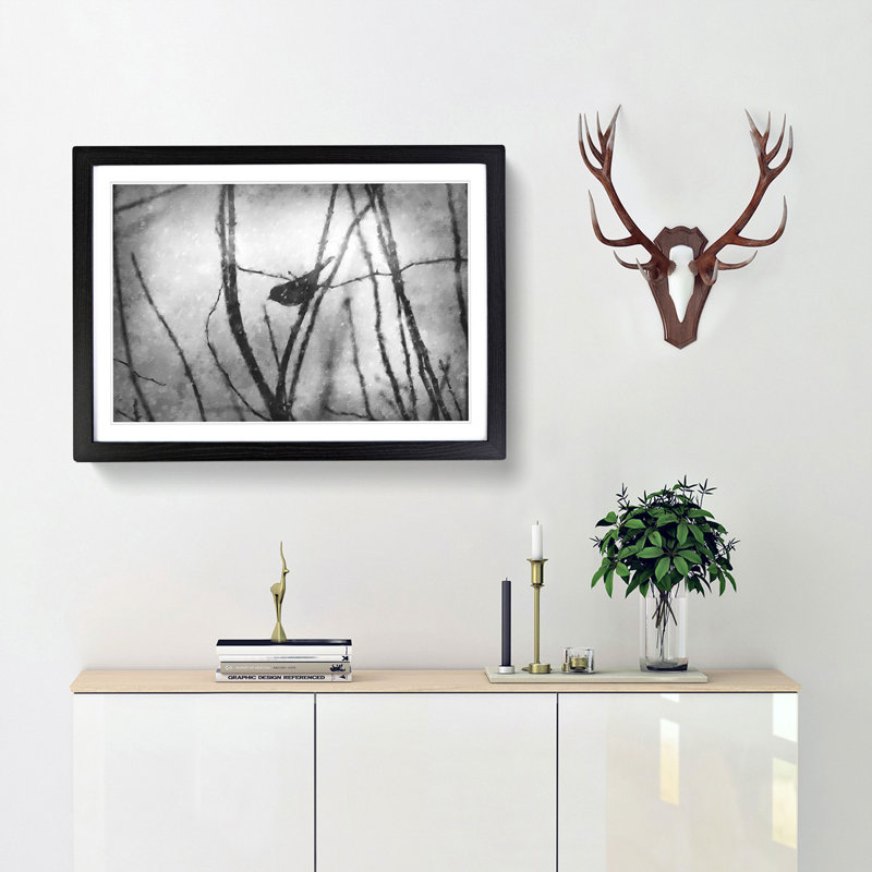 Bird On A Branch Painting - Single Picture Frame Print on MDF, 62cm H x 87cm W x 2cm D, Black