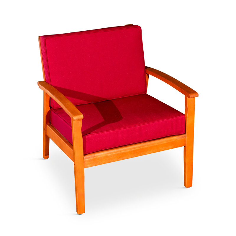 Fauteuil en eucalyptus profond avec vernis à l'huile naturelle et coussins bourgogne attrayants, Rouge, Naturel