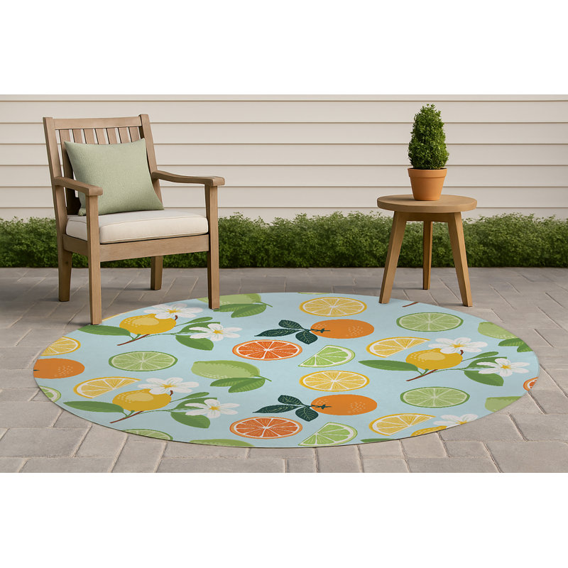 Tapis d'extérieur Sunny Citrus, Bleu, Rond 5 pi