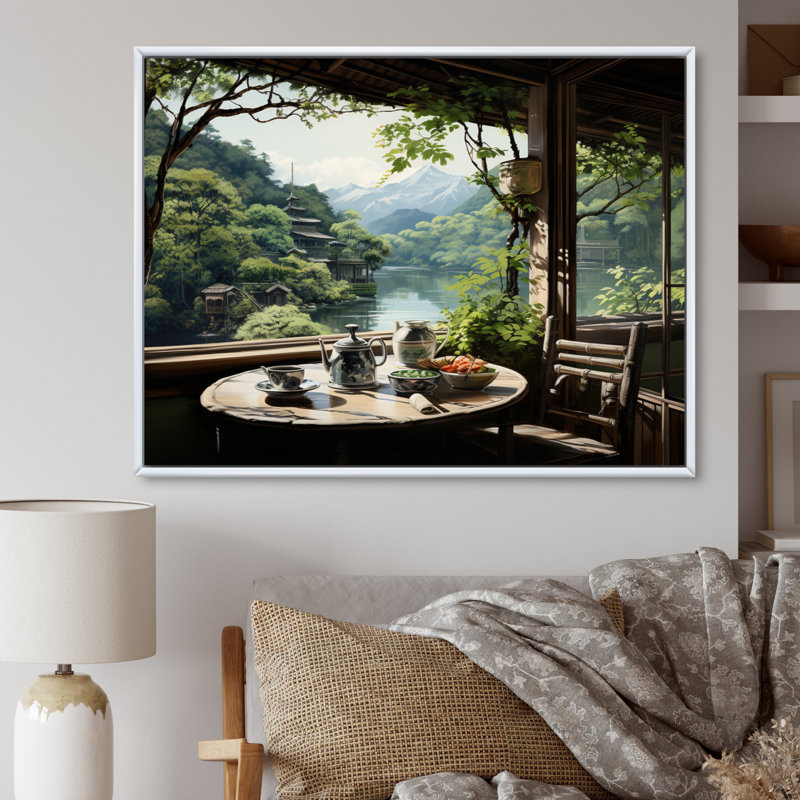 Art japonais, maison de thé Serenity - Art mural japonais, H 16 po x l 32 po x P 1 po, Cadre flottant blanc