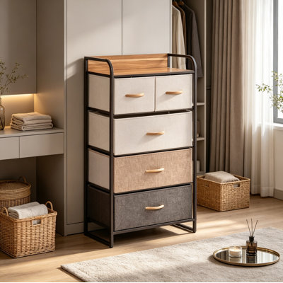 Space-Saving 5-Drawer Organizer, Stable Fabric Chest with Wood Top for Bedroom Storage